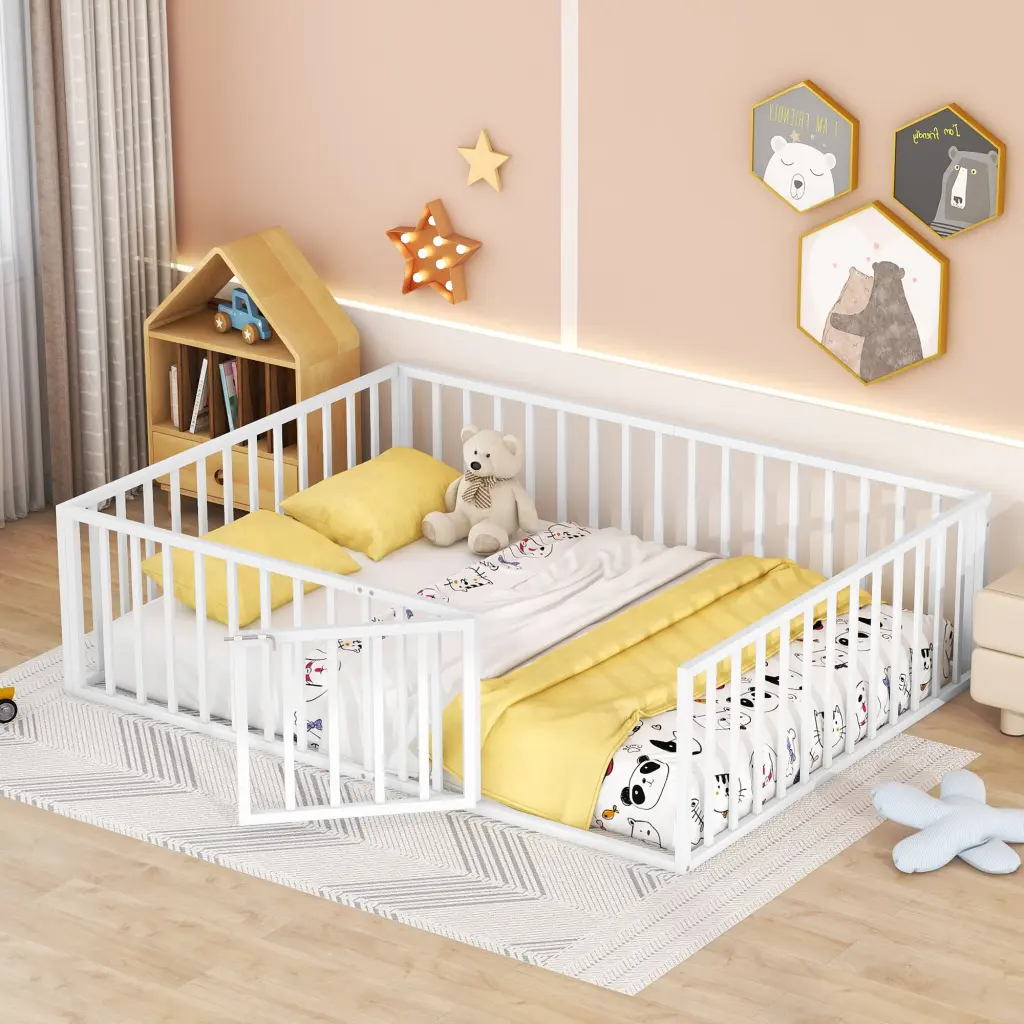 Queen Size Metal Floor Bed Frame Fence and Door White lucky world