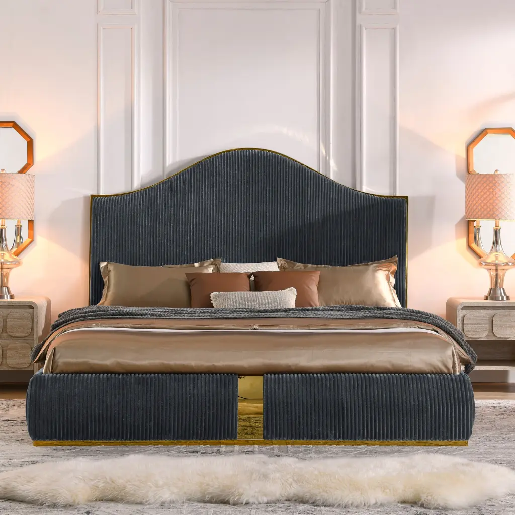 Corduroy Upholstered Bed Frame King Size 59.5 Inch Tall Headboard royal star