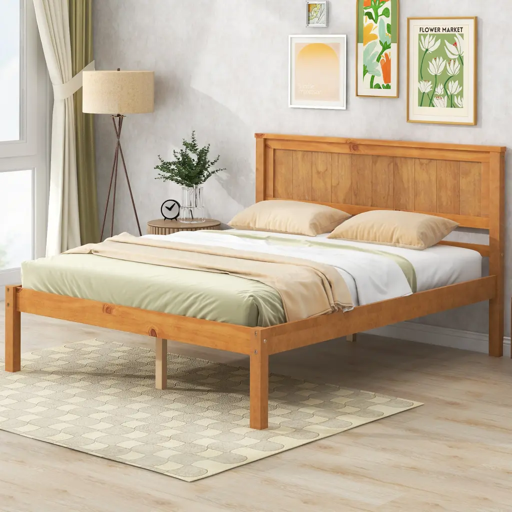 Platform Bed Frame Headboard Wood Slat Support No Box Spring Needed wm store