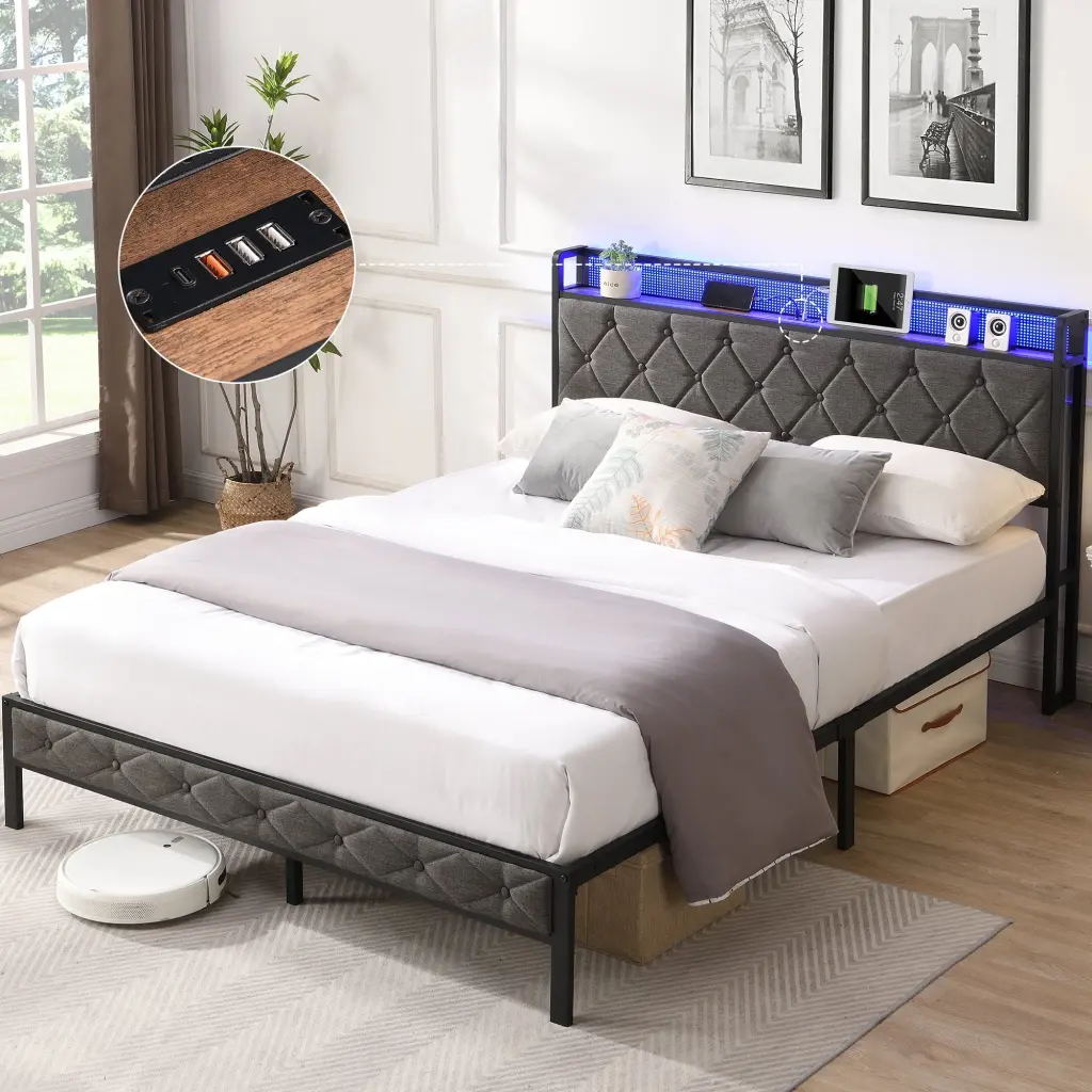Full Bed Frame Storage Headboard Charging Station and LED Lights wr furniture