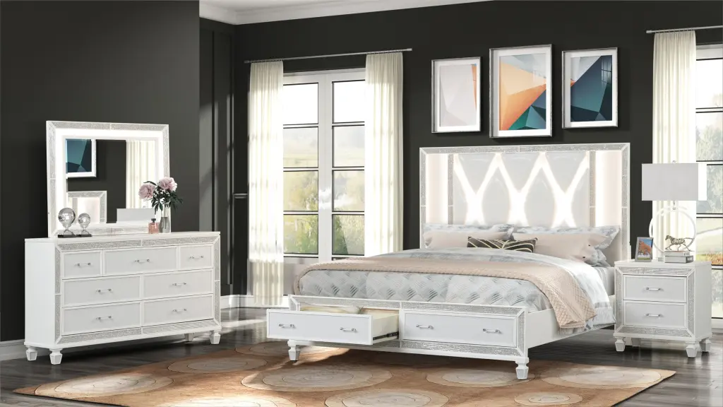 Crystal Queen 4 Pc Storage Wood Bedroom Set Finished White Box Spring galaxy home furnishings