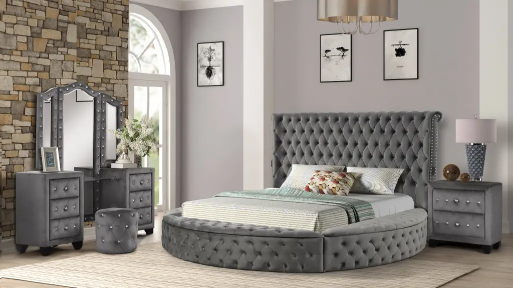 Hazel Queen 4 Piece Vanity Bedroom Set Gray Wood galaxy home furnishings