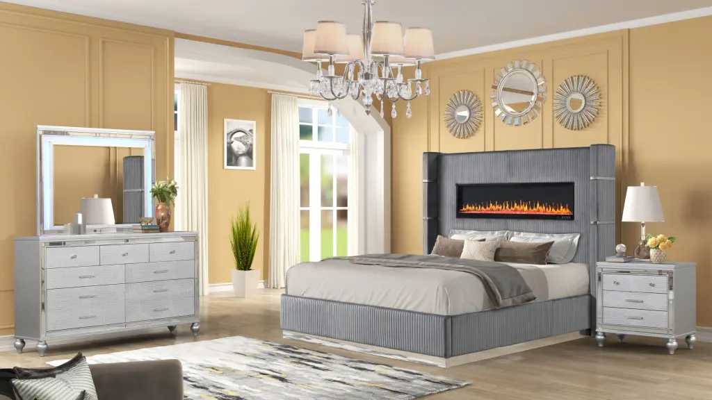 Lizelle Upholstered Wooden King 4 Piece Bedroom Set Ambient Lighting galaxy home furnishings