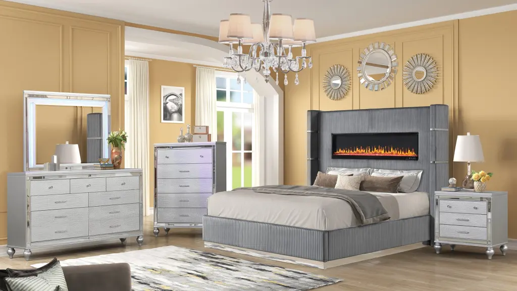 Lizelle Upholstered Wooden Queen 5 Piece Bedroom Set Ambient Lighting galaxy home furnishings