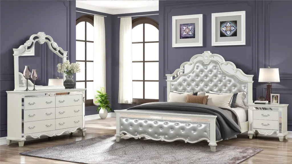 Milan King 4 Pc Tufted Upholstery Bedroom Set Made Wood White Luxury Furniture galaxy home furnishings