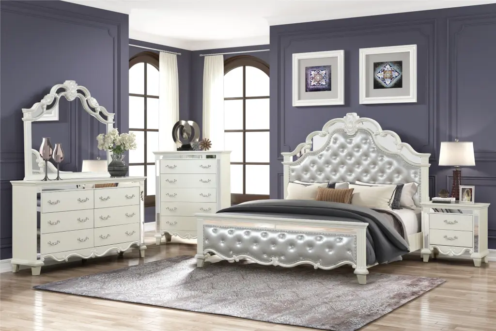 Milan King 5 Pc Tufted Upholstery Bedroom Set White Wood galaxy home furnishings