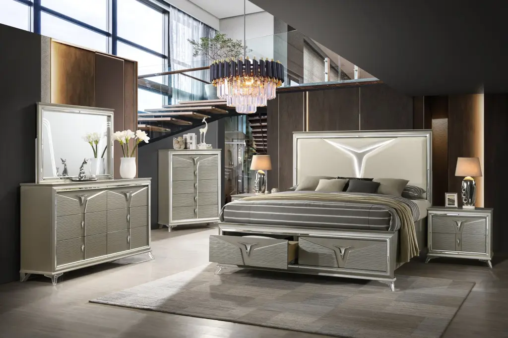 Samantha Modern Queen 5Pc Bedroom Set Wood LED Headboard Furniture Collection galaxy home furnishings