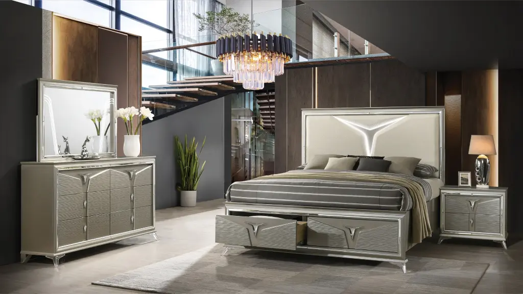 Samantha Modern Style Queen 4Pc Bedroom Set Wood Frame and LED Headboard Elegant Furniture galaxy home furnishings