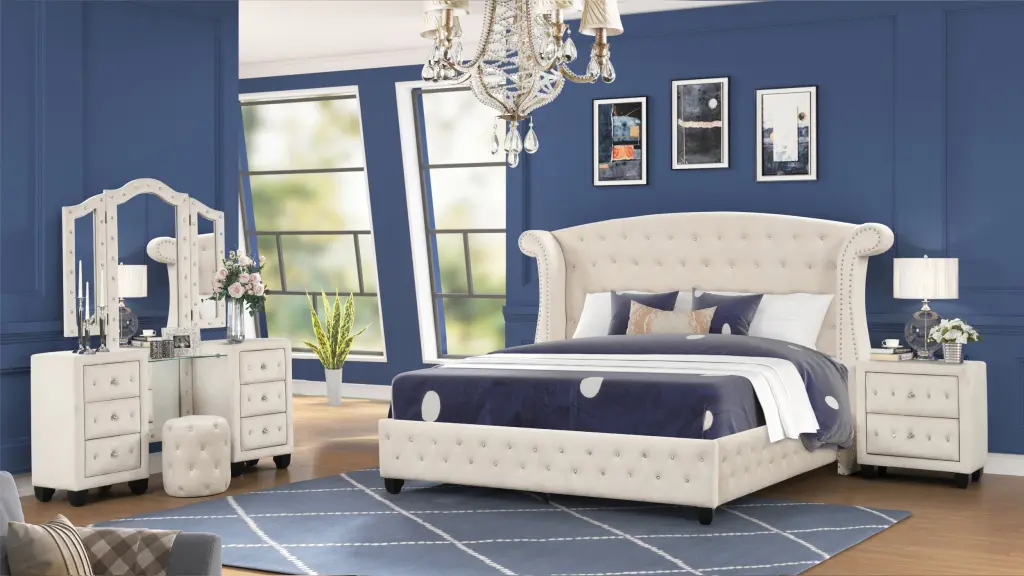 Sophia Crystal Tufted King 4 Piece Vanity Bedroom Set Wood Frame galaxy home furnishings