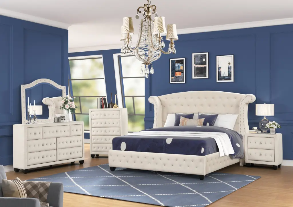 Sophia Queen 5 Pc Bedroom Set Wood Frame Cream Color galaxy home furnishings