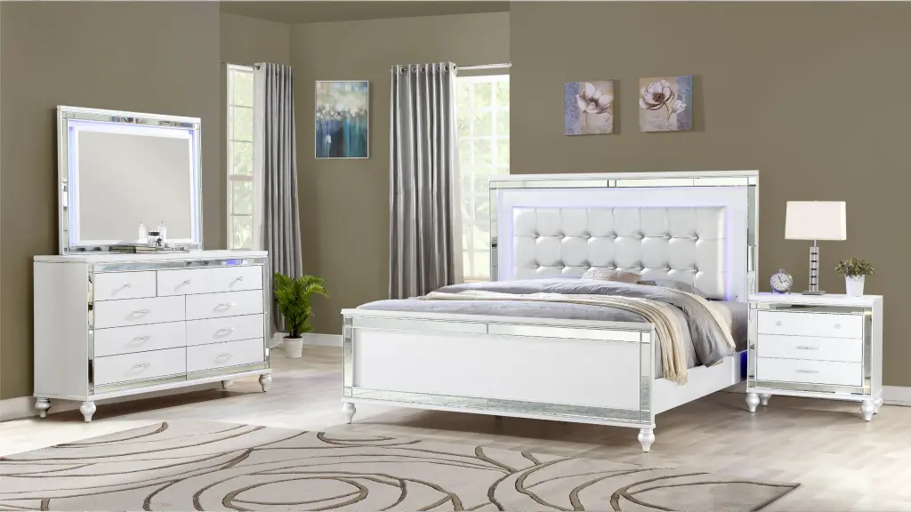 Sterling King 4 Piece LED Bedroom Set White Wood Finish galaxy home furnishings