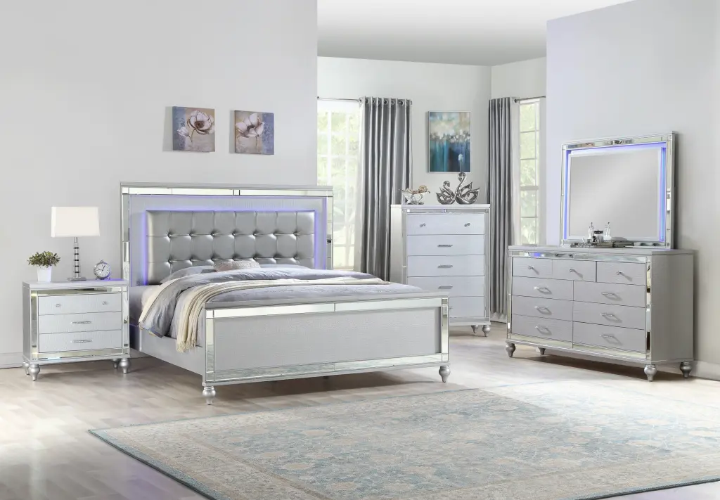 Sterling Queen 5 Piece LED Bedroom Set Silver Wood Finish galaxy home furnishings