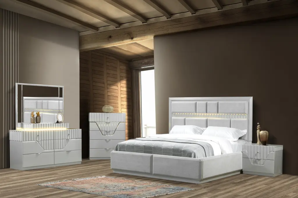 Da Vinci Modern Style 5 Pc King Bedroom Set Wood Gray Box Spring Included galaxy home furnishings