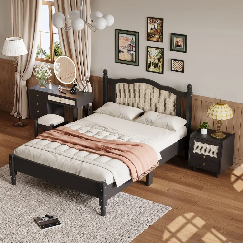 3 Piece Bedroom Set Full Size Wooden Bed Frame and Vintage Nightstand homey life