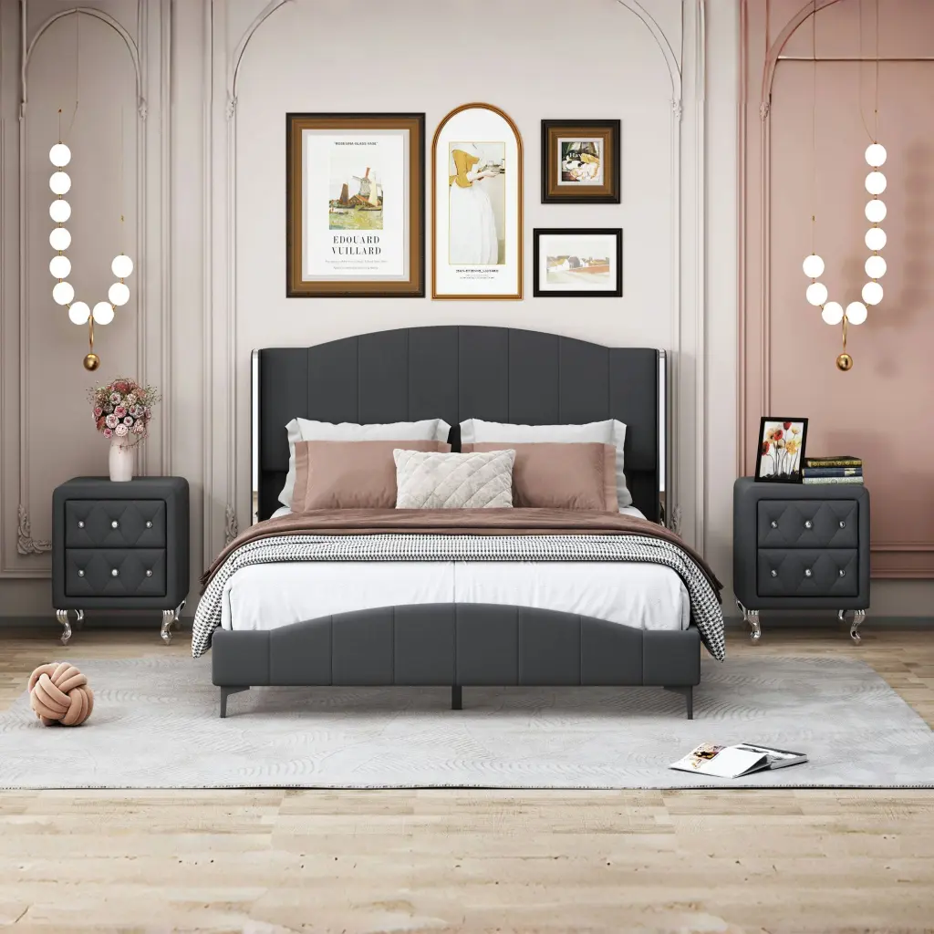 3 Pieces Bedroom Set Queen Size PU Leather Upholstered Platform Bed homey life