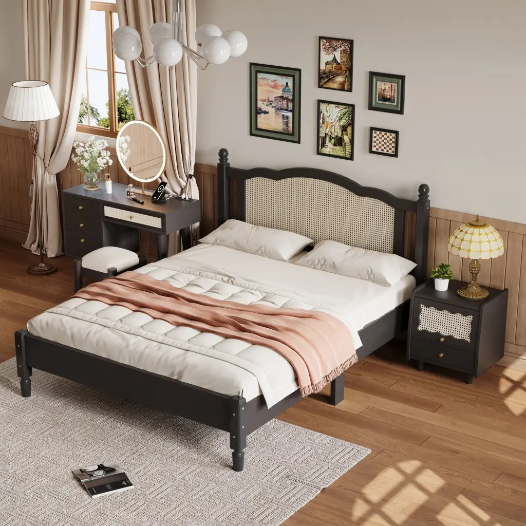 3 Pieces Bedroom Set Queen Size Wooden Bed Frame Vintage Nightstand homey life