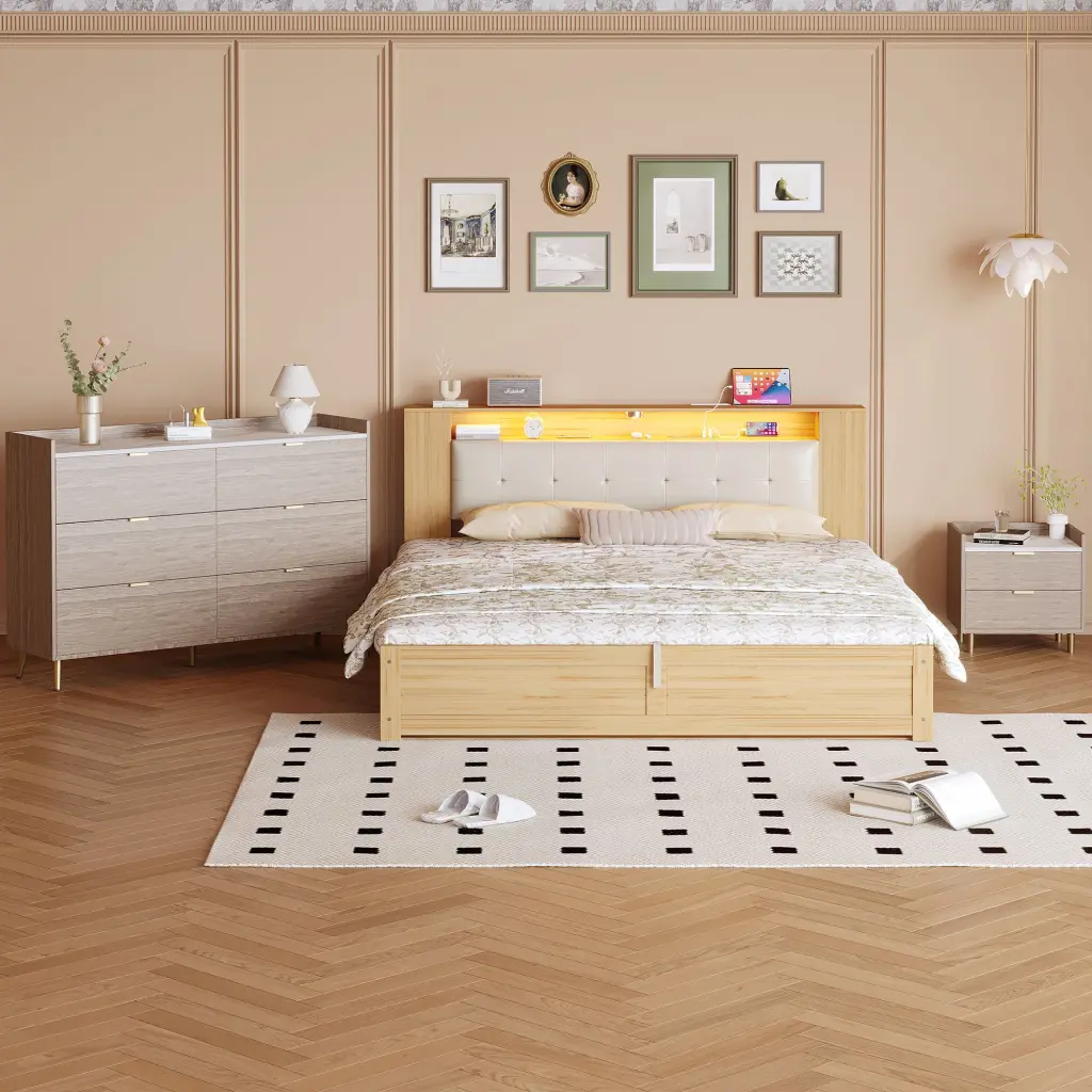 3 Pieces Bedroom Sets Queen Size Tufted Upholstered Platform Bed homey life