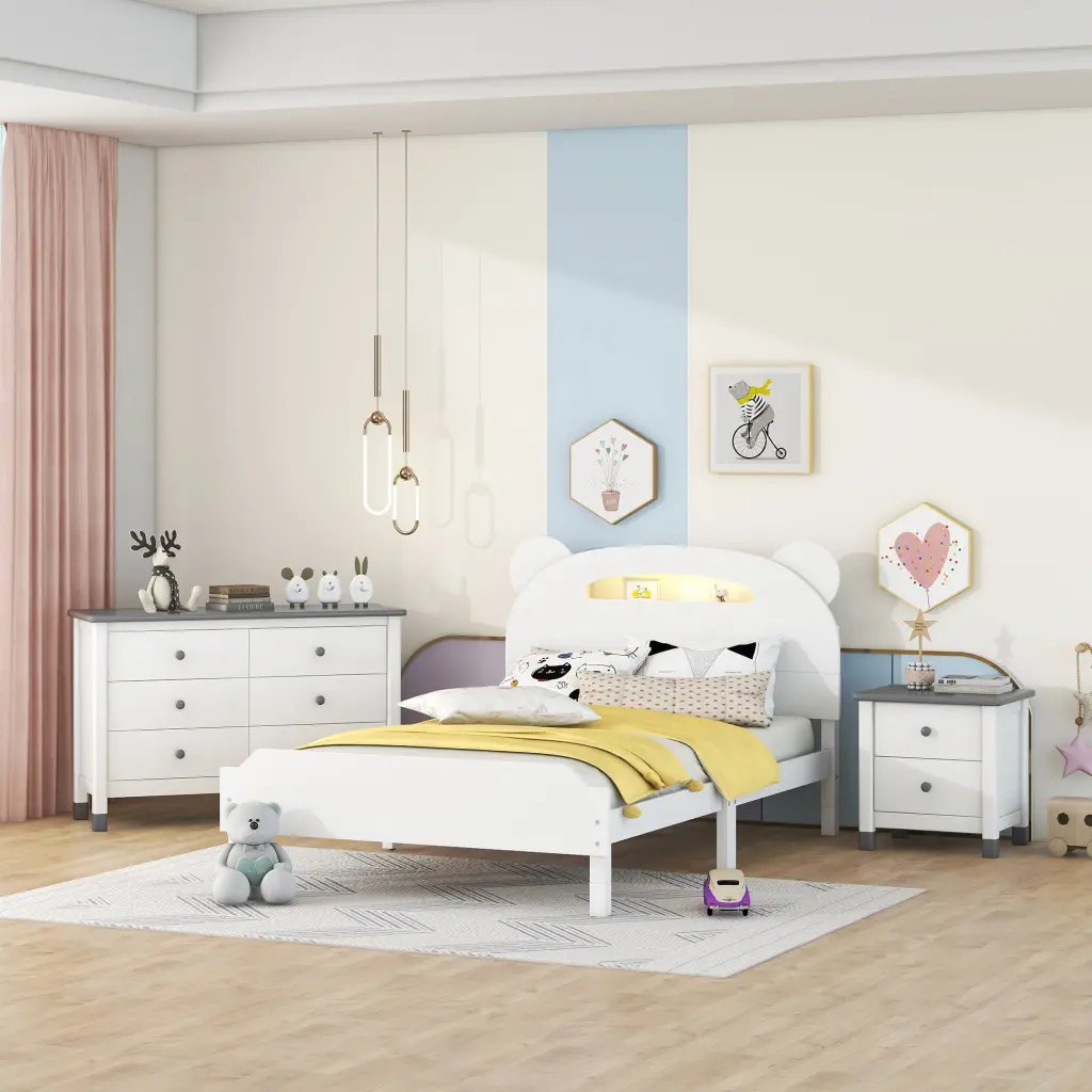 3 Pieces Bedroom Sets Twin Size Bear Influence Platform Bed Nightstands homey life