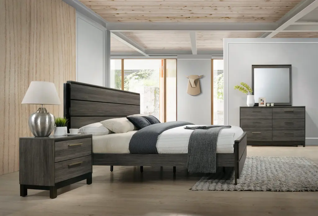 Ioana Antique Grey Finish Wood Bed Room Set, Queen Size Bed, Dresser hz