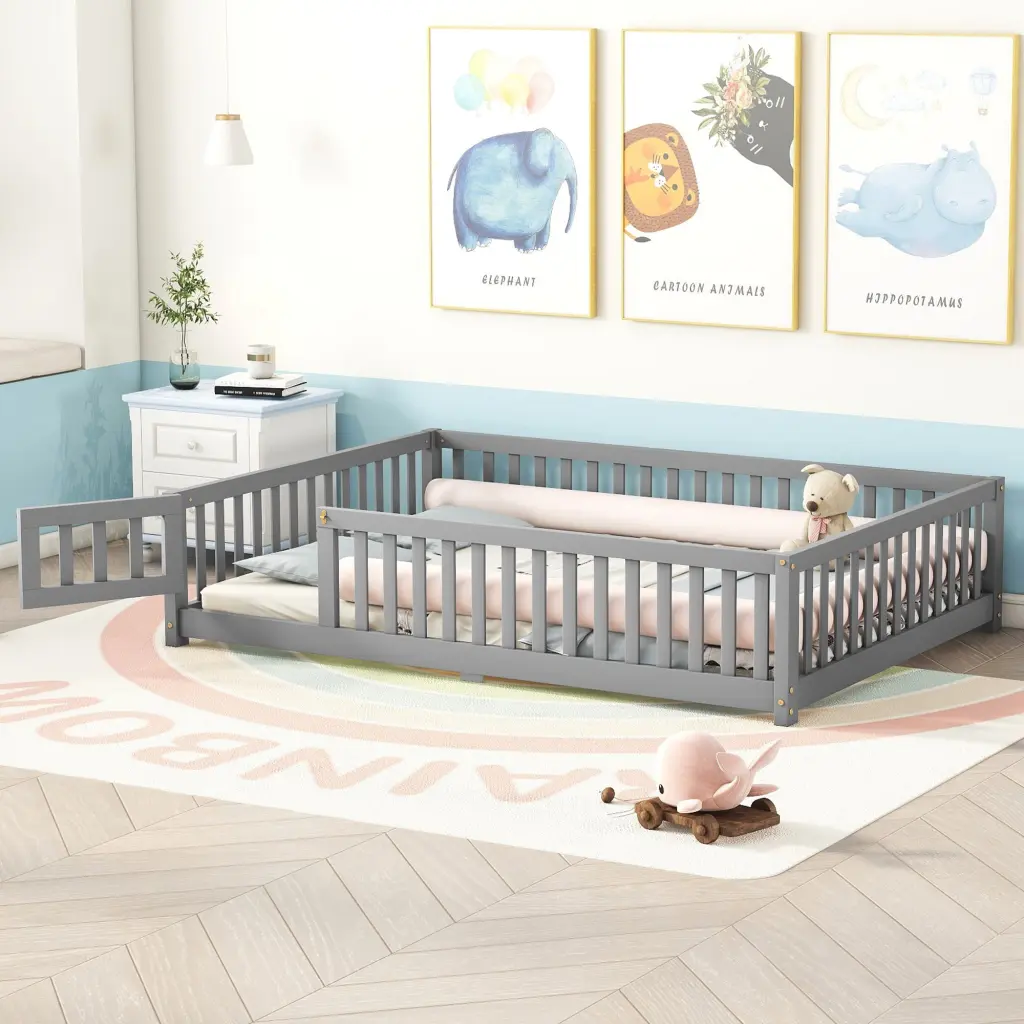 Full Size Bed Floor Bed Safety Guardrails and Door Kids Gray bonwell