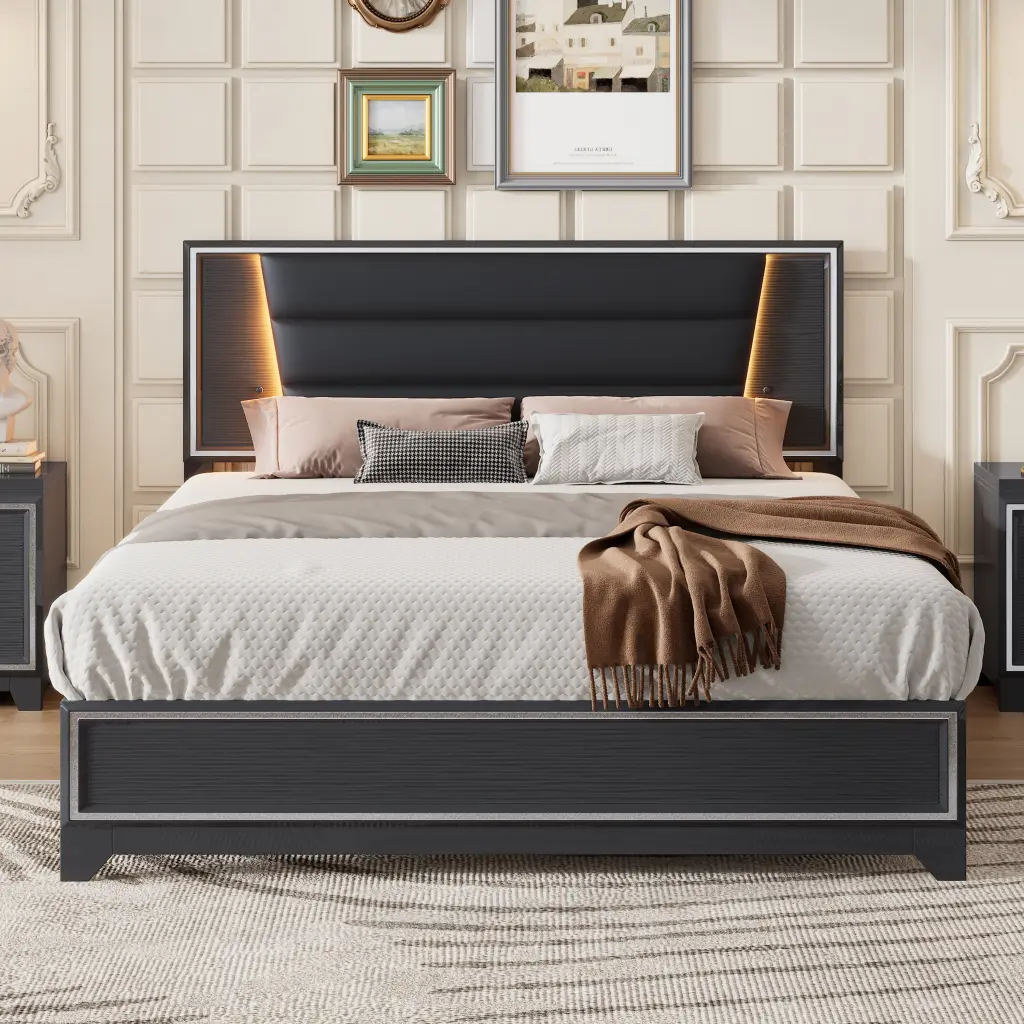 Queen Size PU Upholstered Bed Headboard LED Light Strips And Spa homey life
