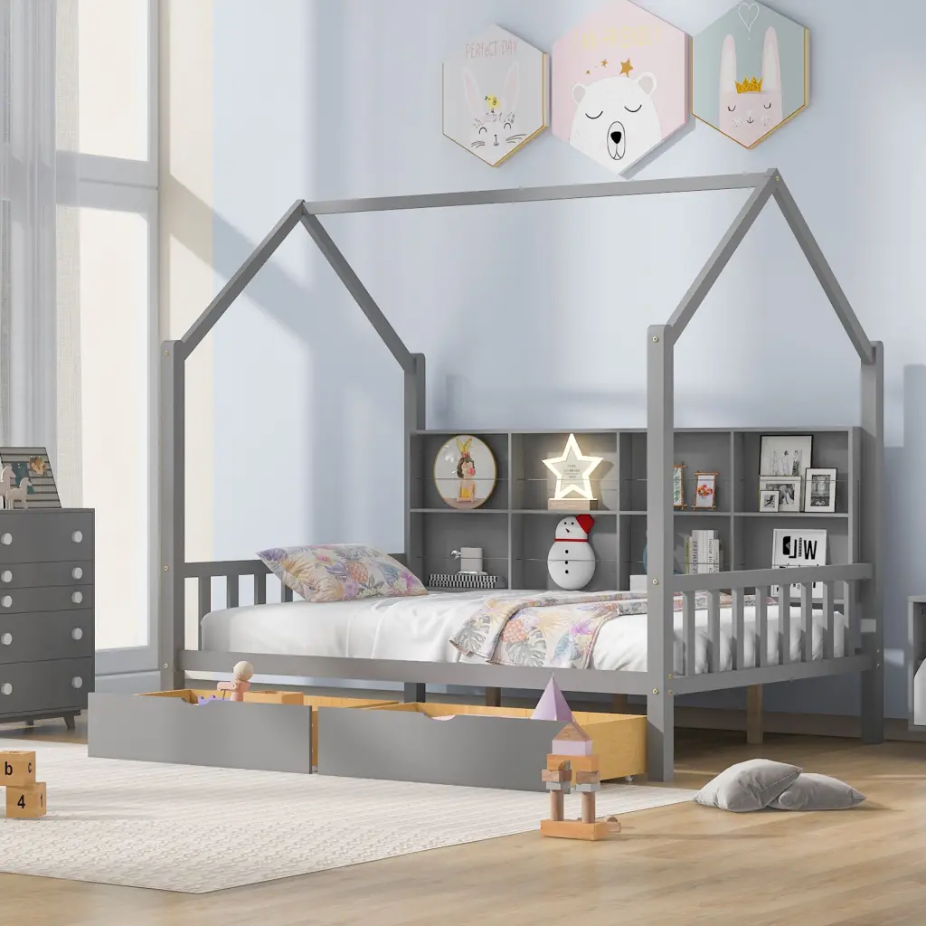 Wooden Full Size Houtilize Bed 2 Drawers And Storage Shelf Kids Bed homey life