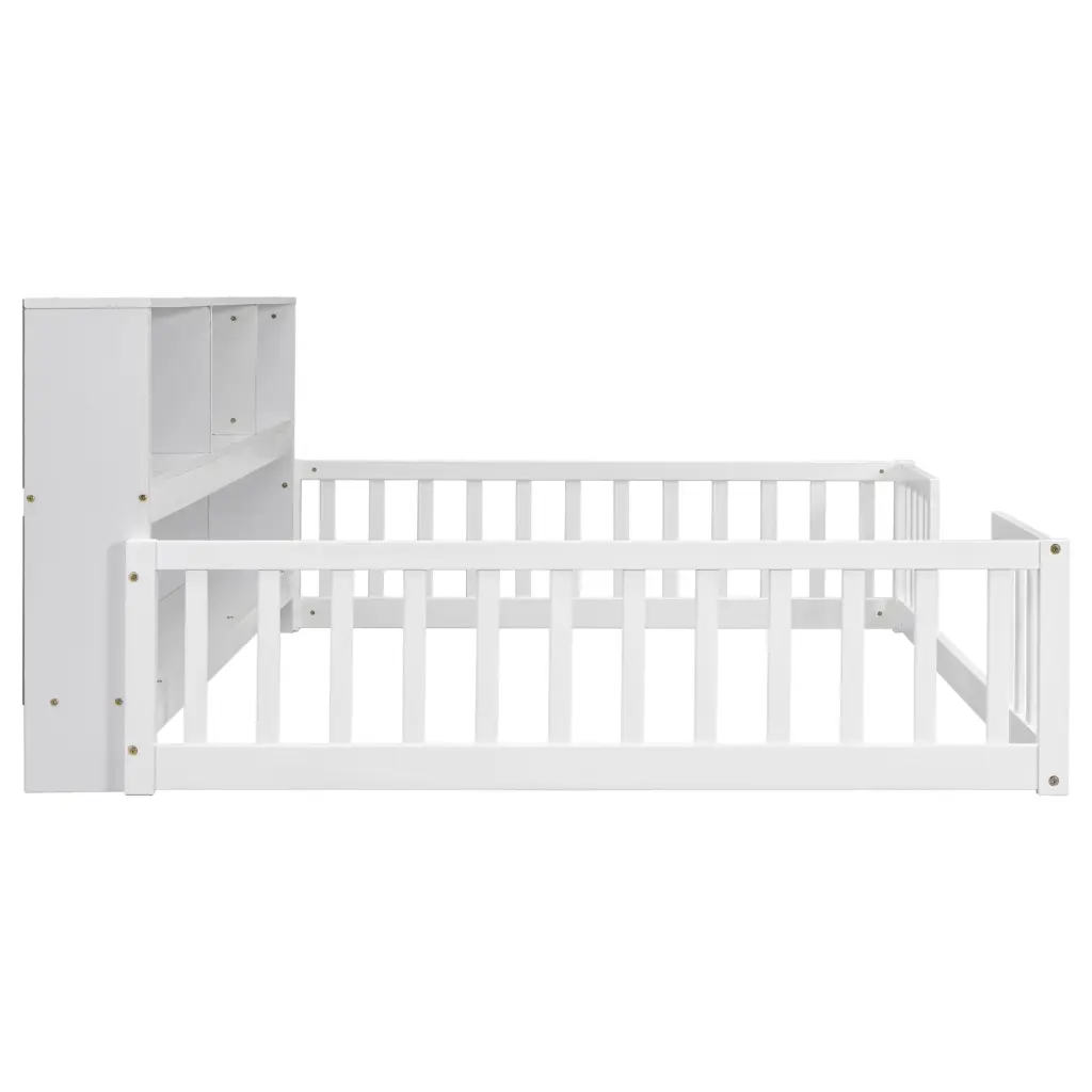 Full Floor Bed Side Bookcase, Shelves, Guardrails, White inspirit