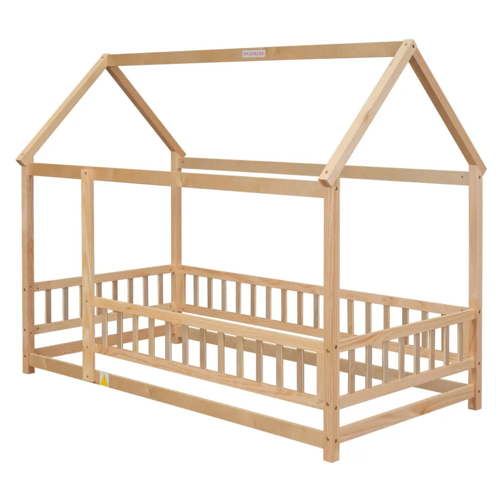 Twin Size Floor Wooden Bed Roof Frame and Fence Guardrails inspirit