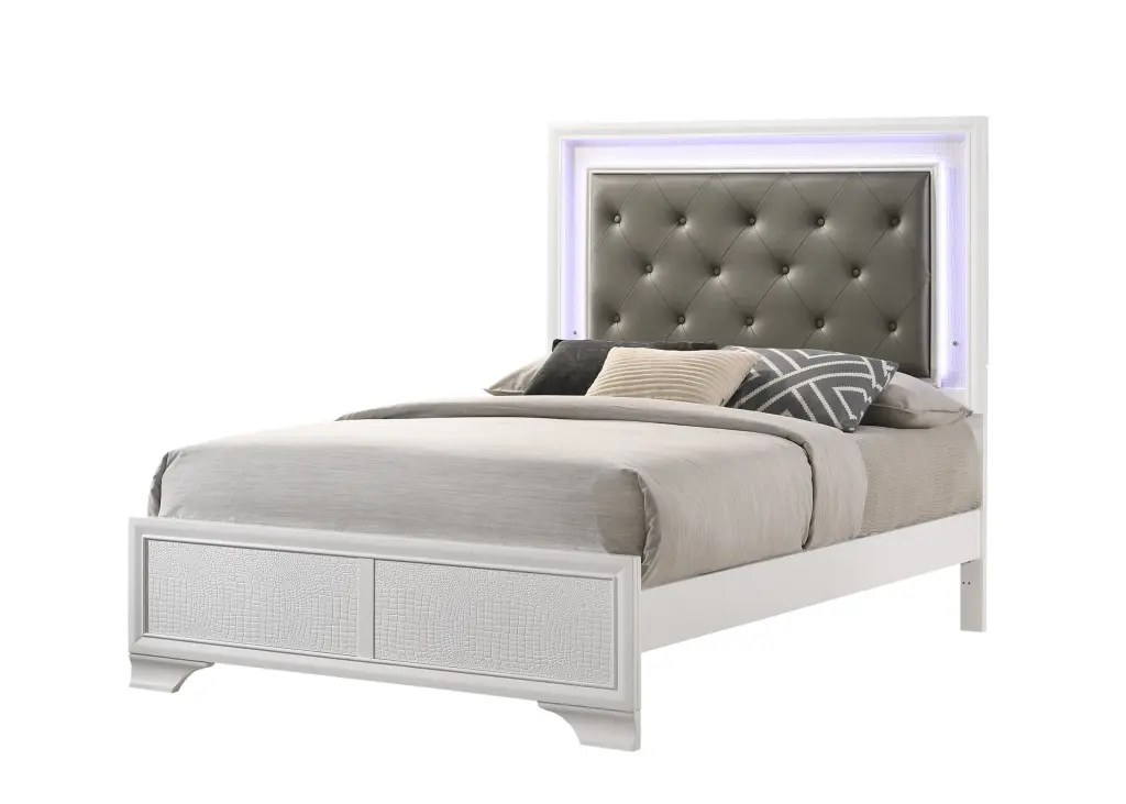 Modern White Crocodile Skin Finish Upholstered Full Size LED Panel Bed kanepe