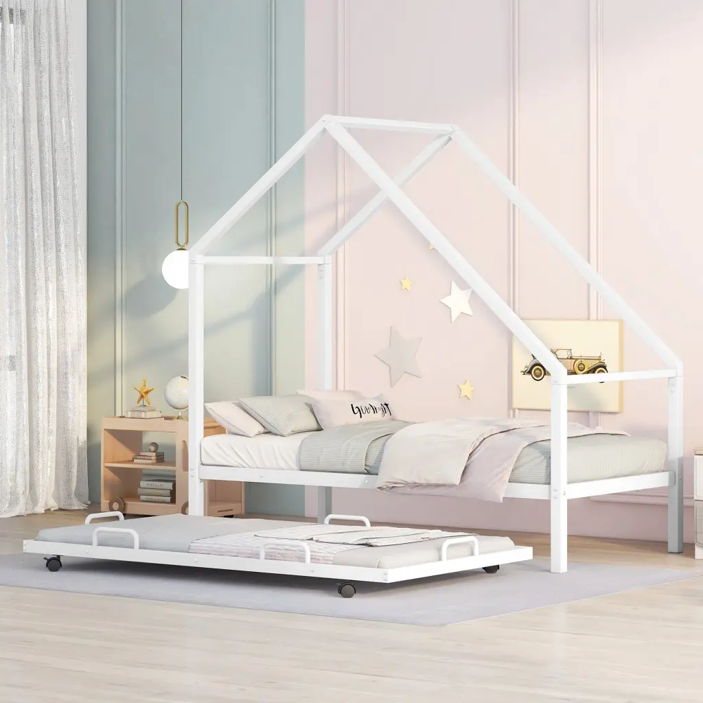 Metal House Bed Trundle Twin Size White lucky furniture