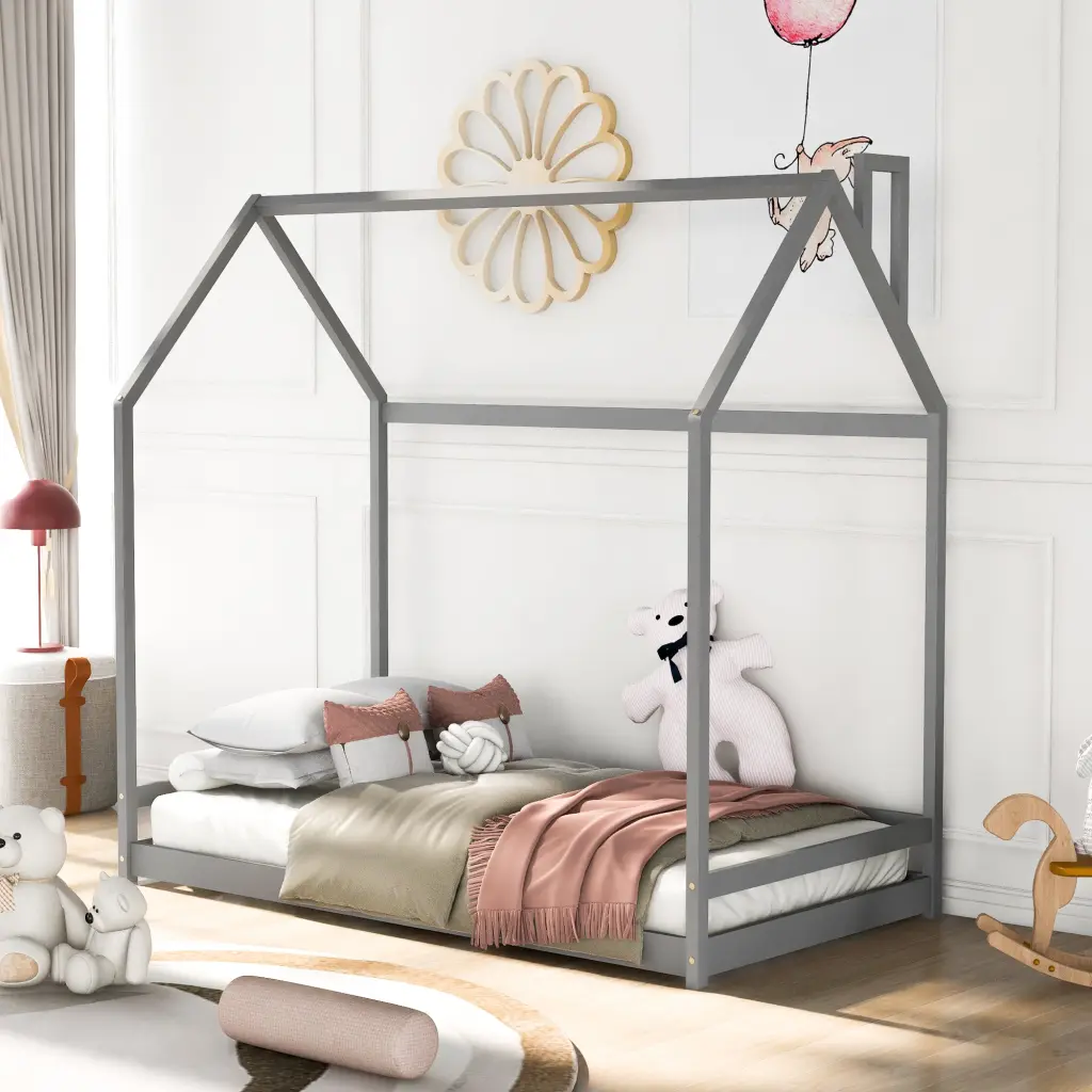 Twin Size Houtilize Bed Wood Bed Gray Solid Wood lucky furniture