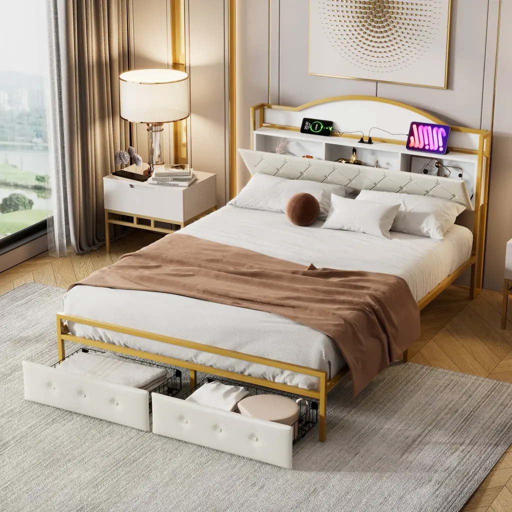 Metal Platform Bed 2 Drawers Storage Headboard Queen Size Gold Finish wm dreamland