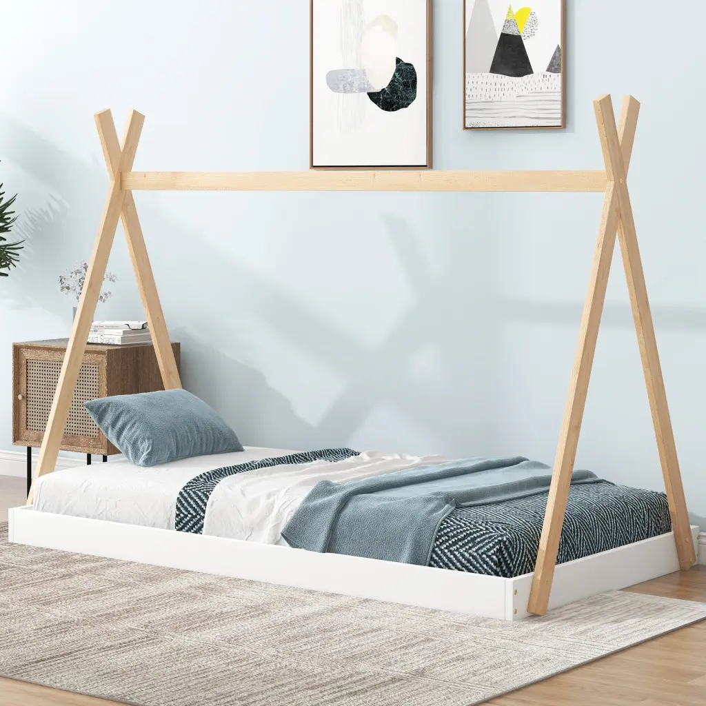 Twin Size Tent Floor Bed Triangle Structure, White Natural Twin Bed wm store