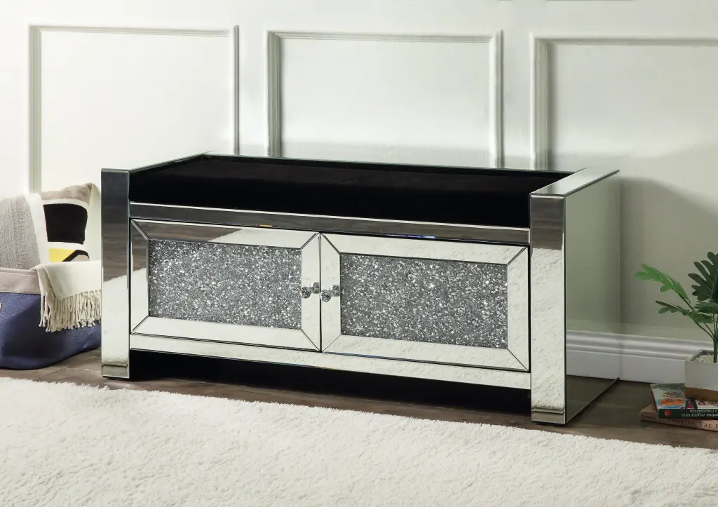 Noralie Bench Storage Mirrored and Faux Diamonds Silver Glass acme onsite store