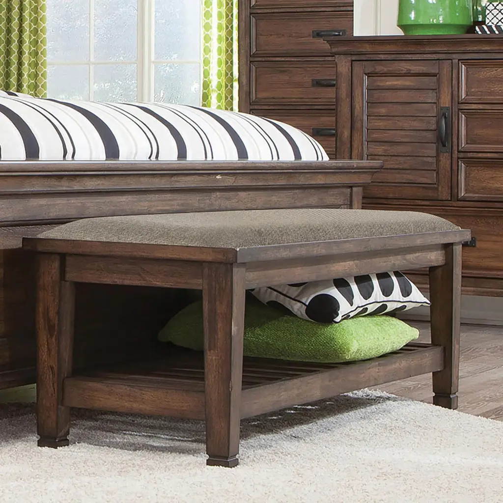 Brown Burnished Oak Upholstered Bench Lower Shelf Entryway Seating furniture max