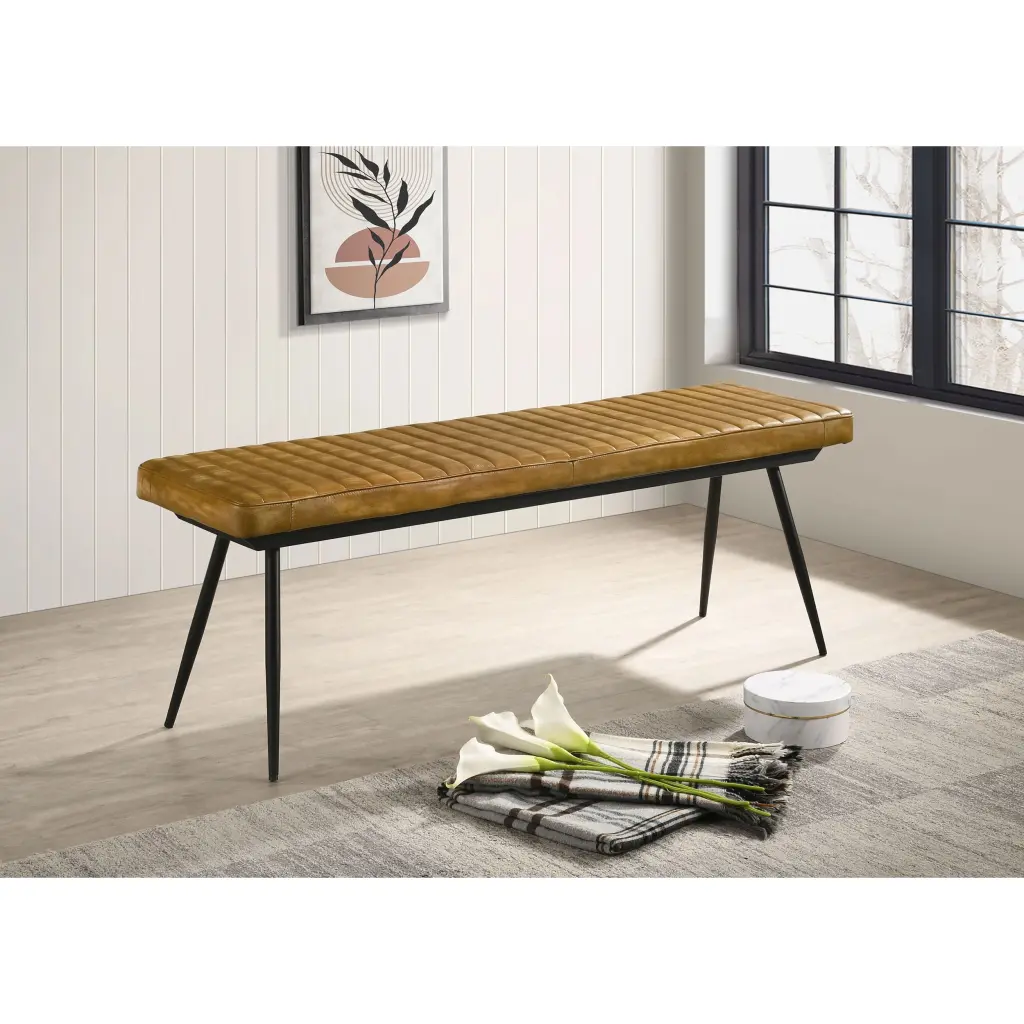 Camel And Black Tufted Cushion Side Bench Brown Dining Room Industrial furniture max