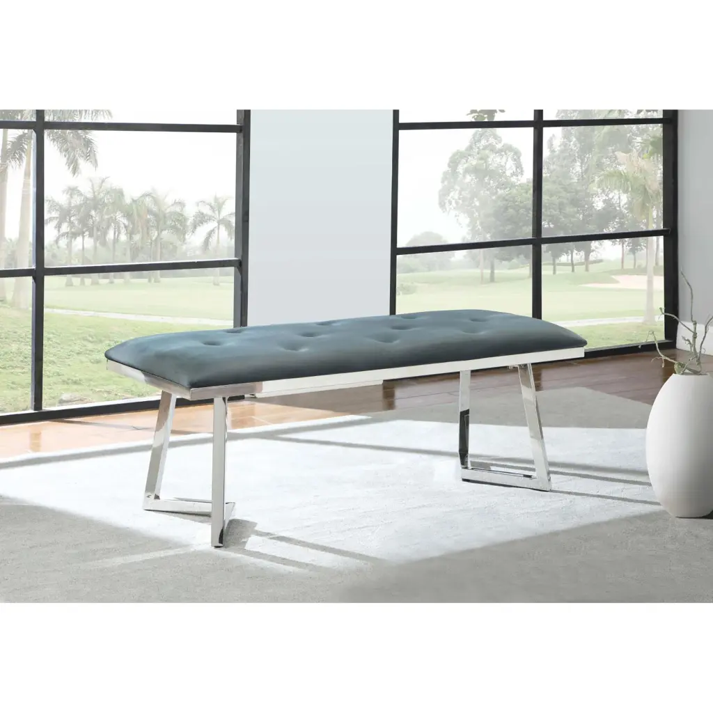 Dark Grey and Chrome Upholstered Tufted Bench Dining Room Contemporary Style furniture max