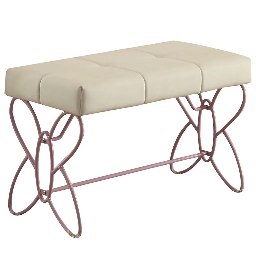 White and Light Pink Tufted Faux Leather Bench Bedroom or Entryway furniture max
