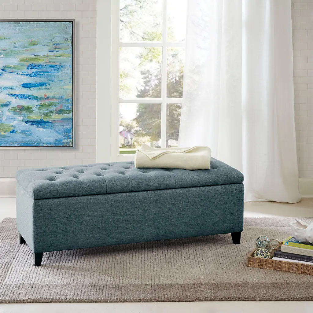 Tufted Top Soft Close Storage Bench Blue Polyester Stylish Furniture jla