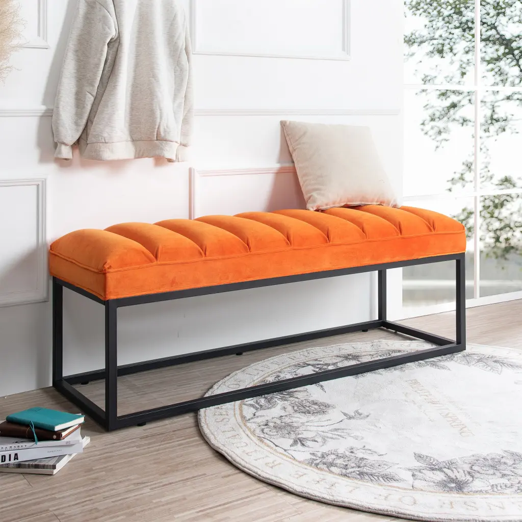 Metal Base Upholstered Bench Bedroom Entryway Orange Fabric rnb