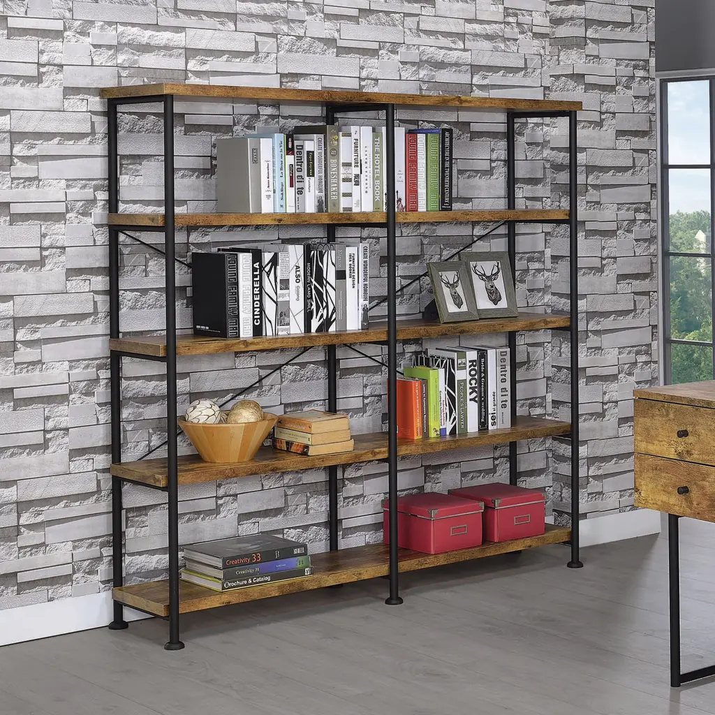 Antique Nutmeg And Black Double Wide Bookcase 4 Brown Brown Quality V furniture max