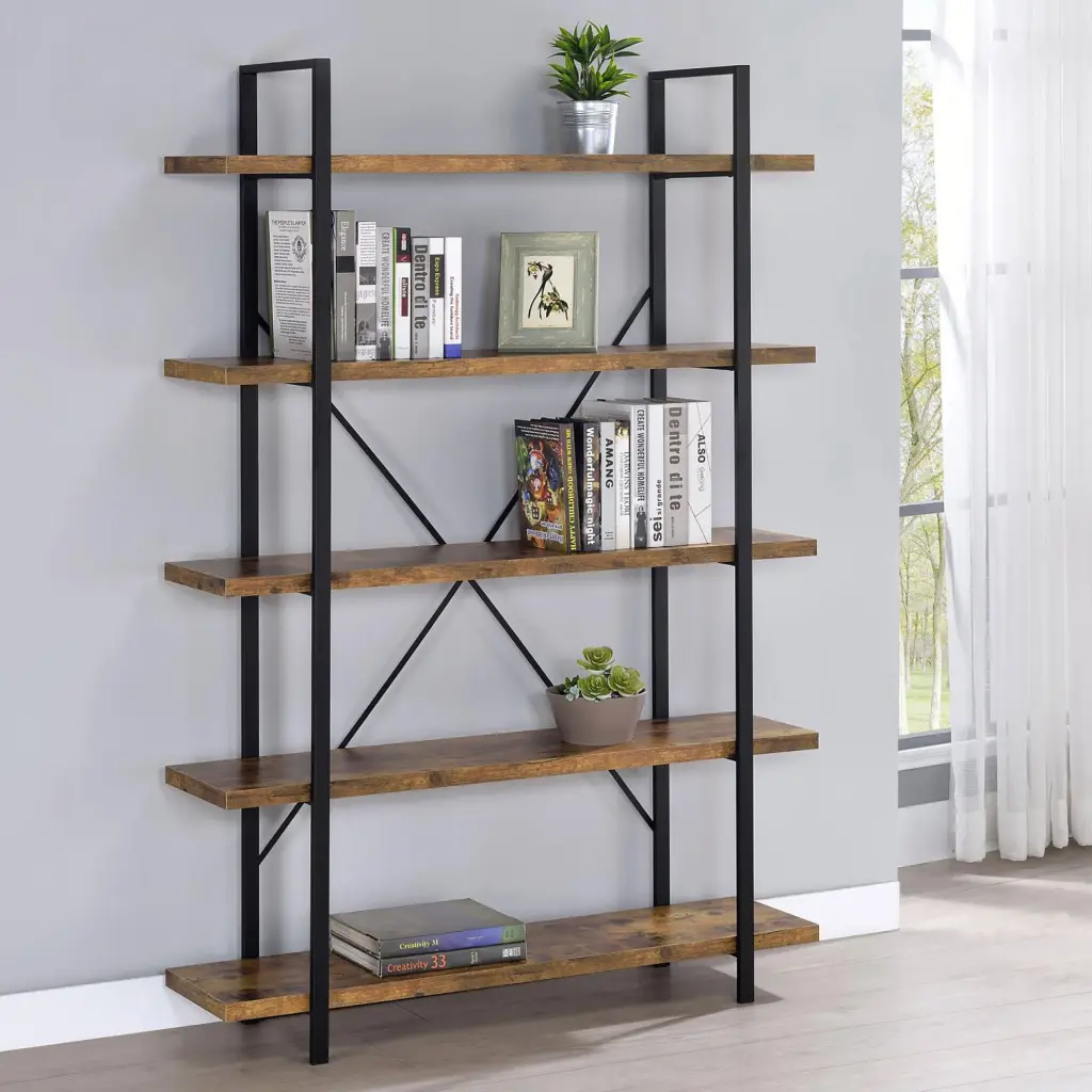 Antique Nutmeg 5 Tier Open Back Bookcase Brown Horizontal Shelves furniture max
