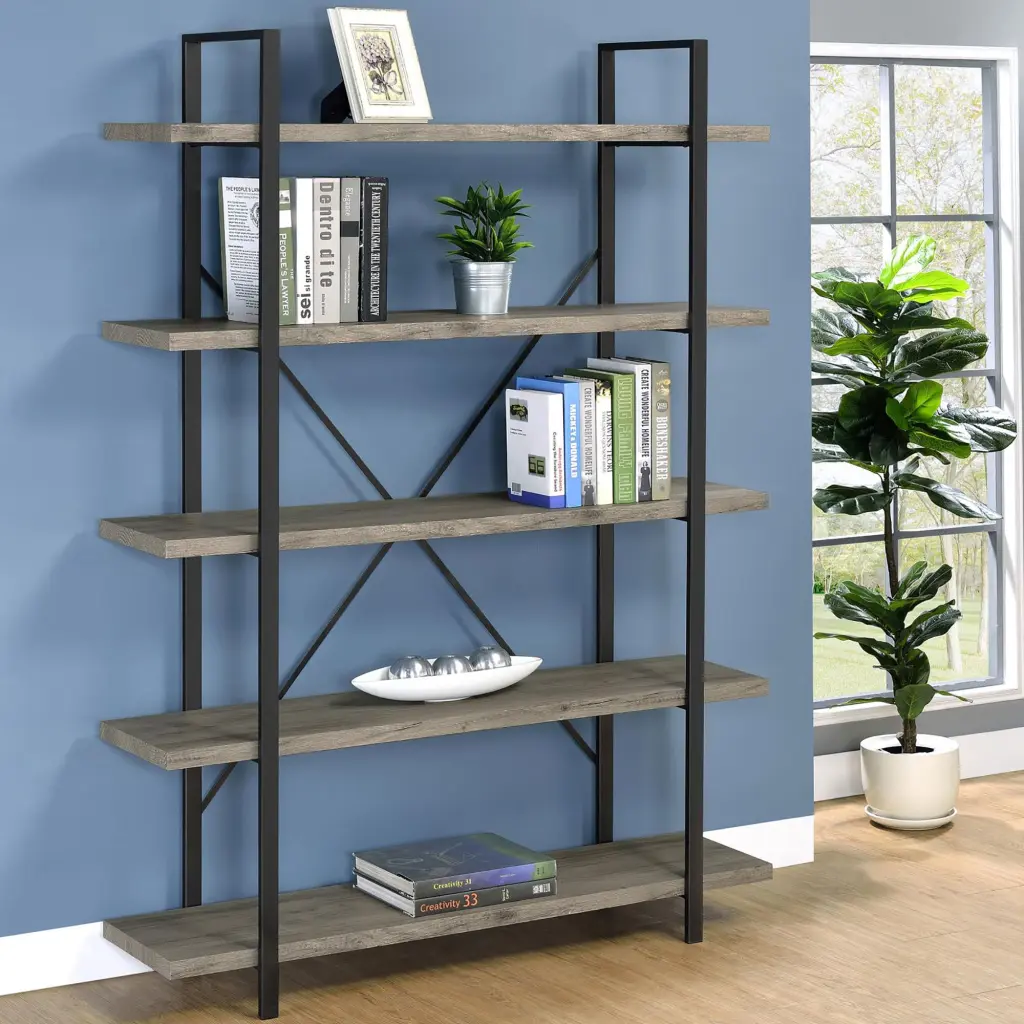 Grey Driftwood and Gunmetal 5 Tier Bookcase Vertical Storage furniture max