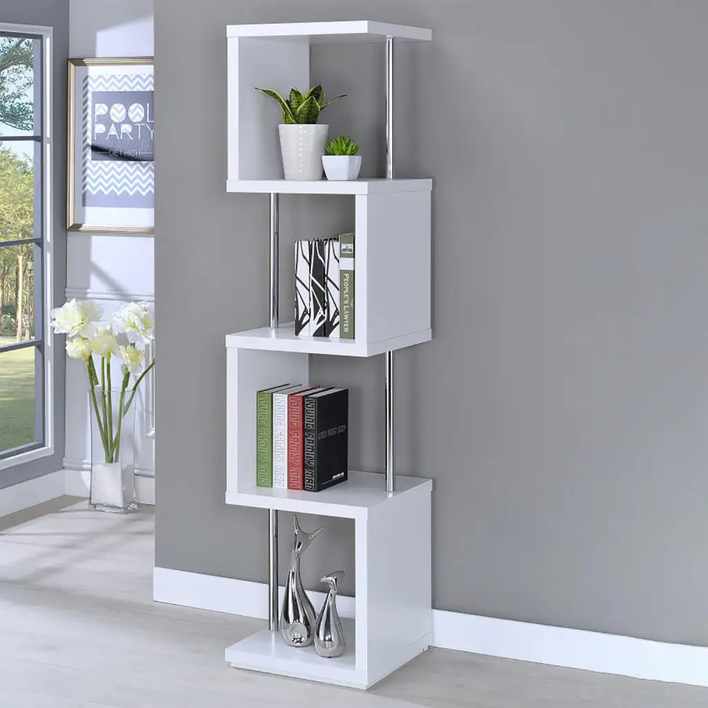 White And Chrome 4 Tier Bookcase Geometric Office Shelf furniture max