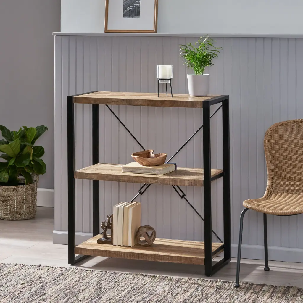 Wooden Iron 3 Shelf Rack Natural Wood Storage Shelf Home or Office nh-bo