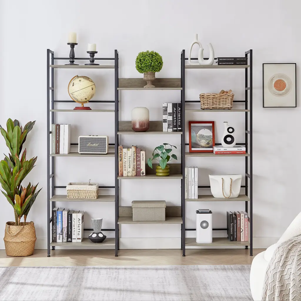 Triple Wide 5 Shelf Bookshelves Industrial Retro Wooden Style cz store