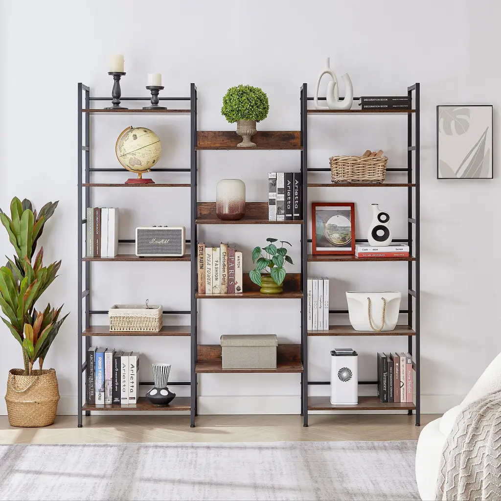 Triple Wide 5 Shelf Bookshelves, Industrial Retro Wooden Style Home and Office cz store