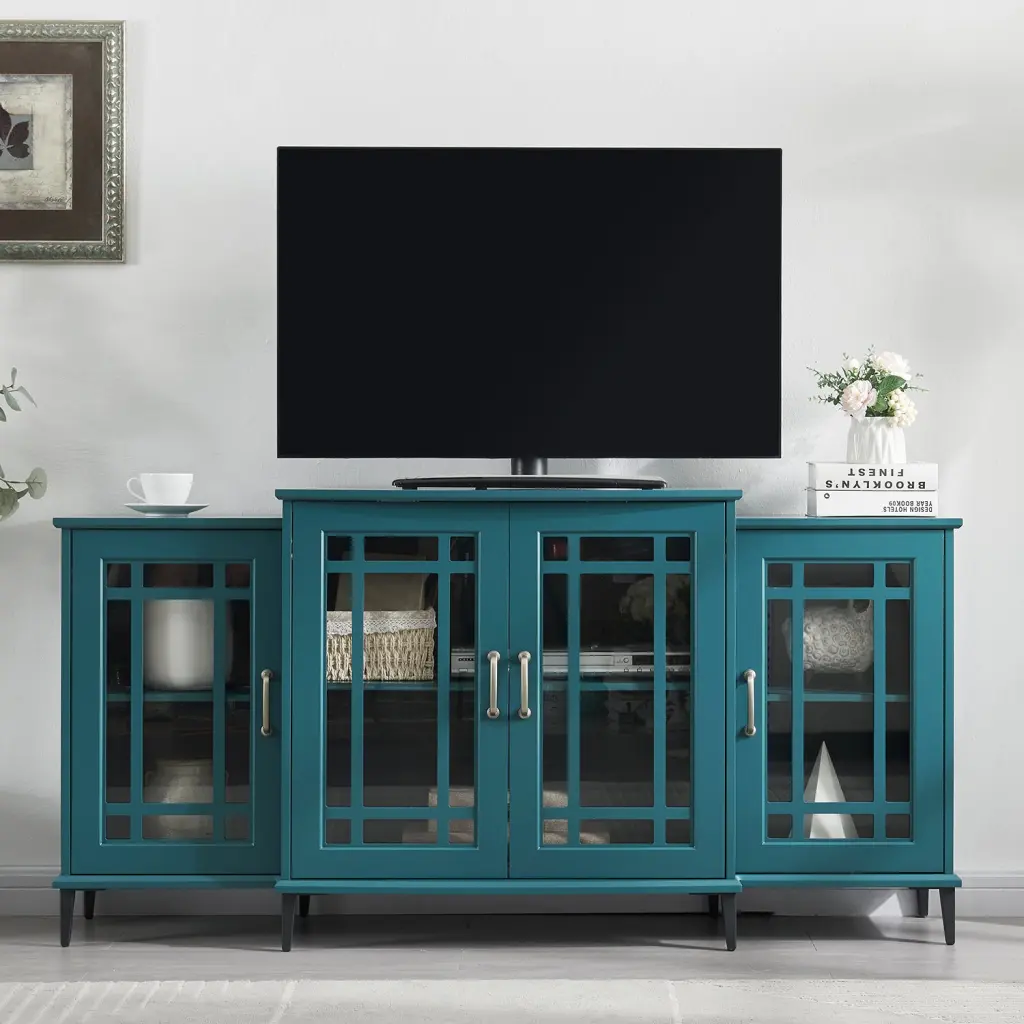 62 Inch TV Stand Buffet Sideboard Cabinet Teal Blue Living Room jaydenmax
