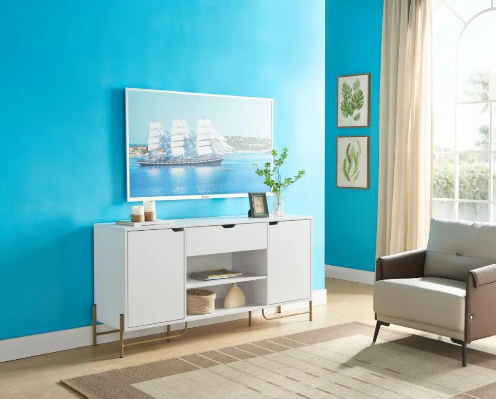 Buffet Two Cabinets One Drawer Six Shelves on Metal Legs White Sideboard id international- inc.
