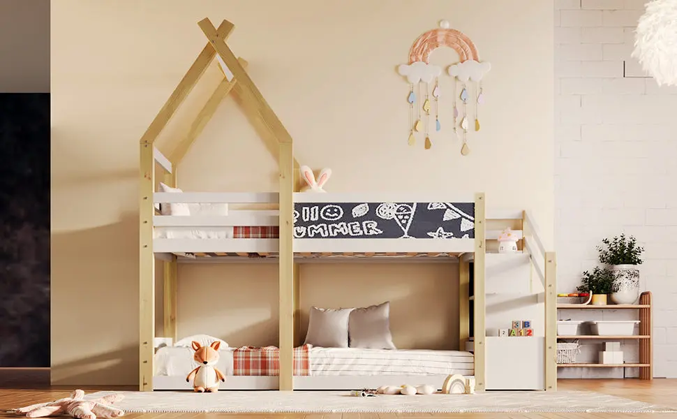 Twin Over Twin Bunk Bed White Storage Staircase and Black Finish artistry at home